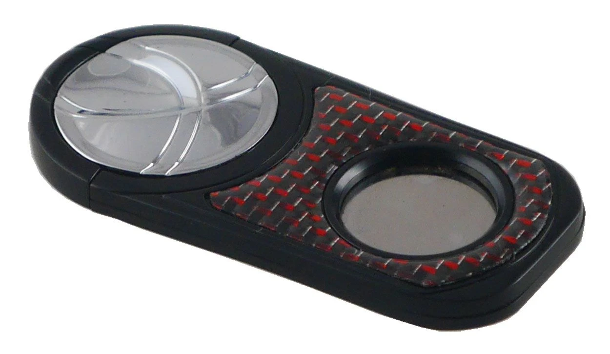 Visol Chrome With Metallic Red Carbon Fiber With Matte Black Handle Single Blade Cigar Cutter