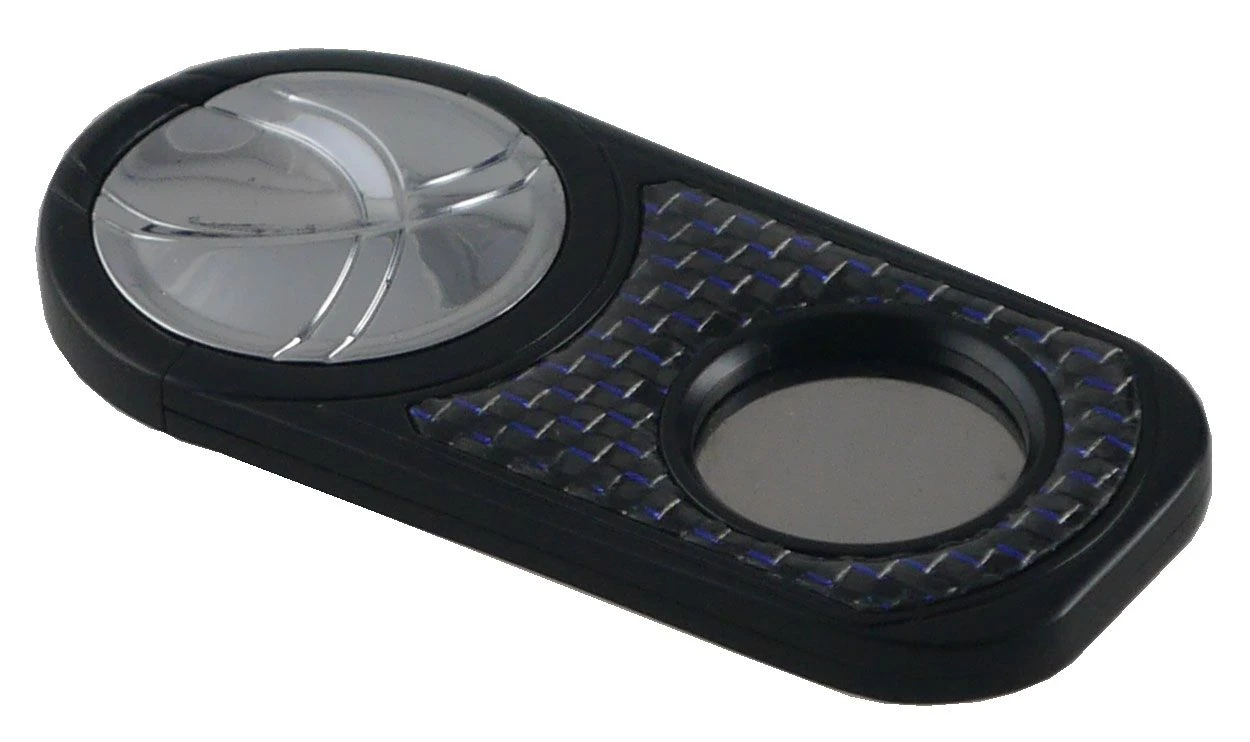 Visol Matte Black With Metallic Blue Carbon Fiber And Chrome Handle Single Blade Cigar Cutter