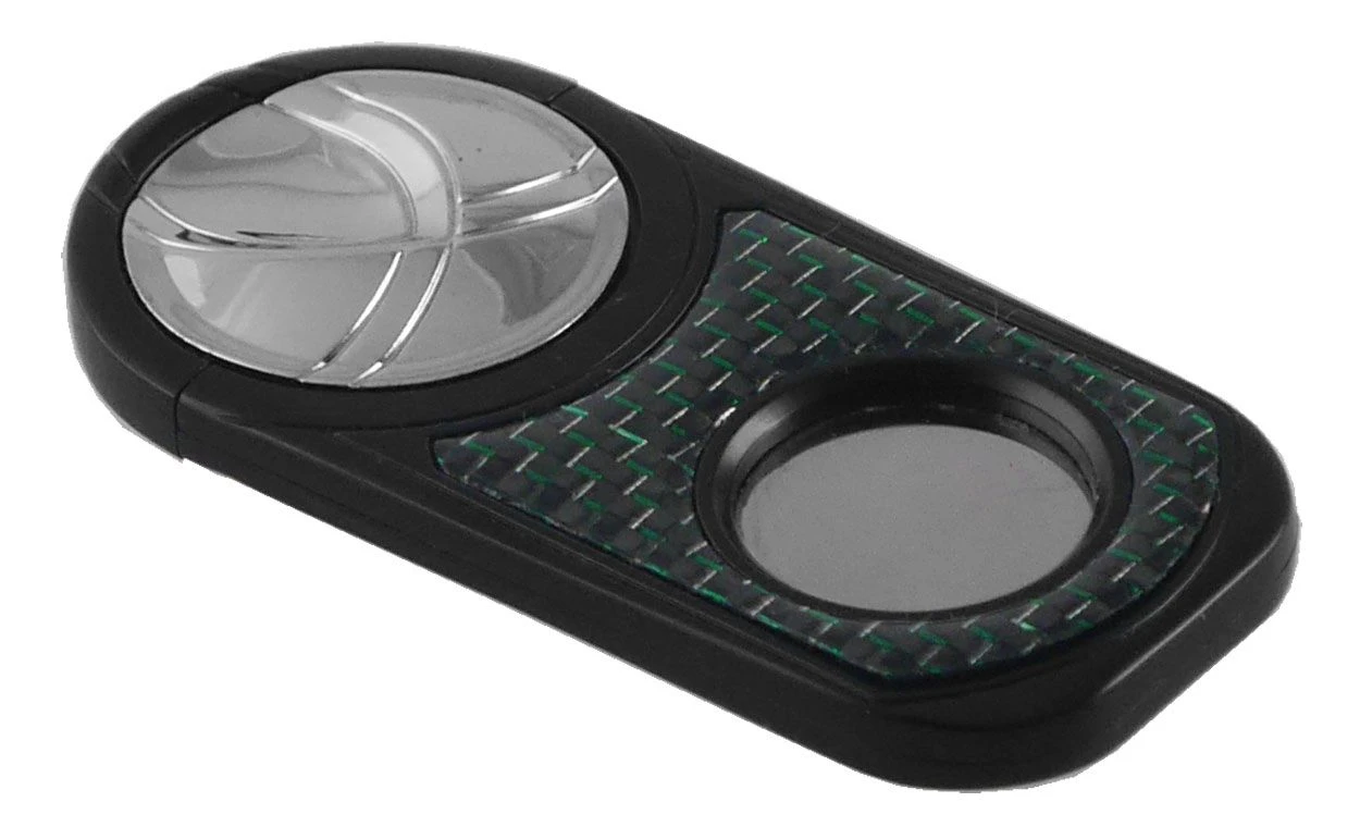 Visol Matte Black With Metallic Green Carbon Fiber And Chrome Handle Single Blade Cigar Cutter - Image 2