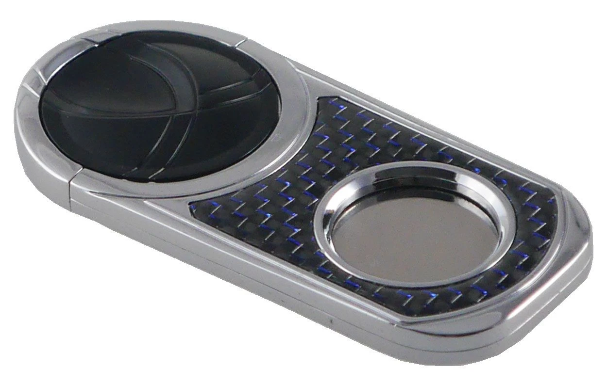 Visol Chrome With Metallic Blue Carbon Fiber And Matte Black Handle Single Blade Cigar Cutter